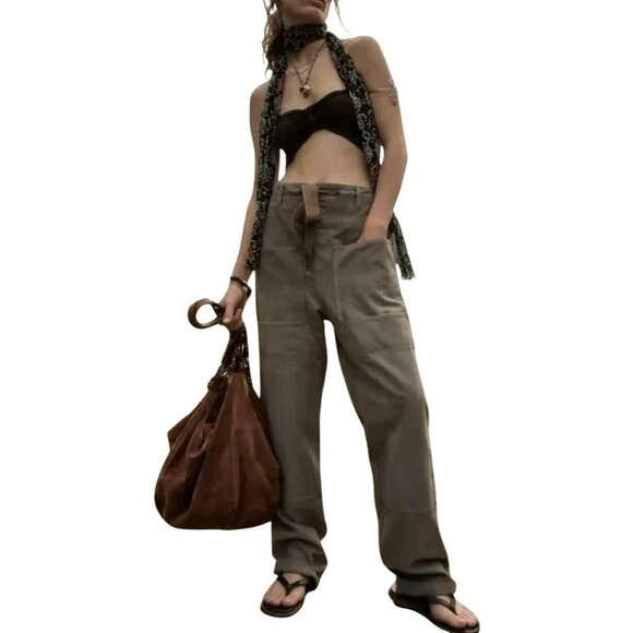 Free People Size Large Hayden Olive Green Cargo Pants Tie Elastic Pants New